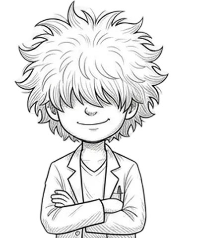 Illustration of Professor Eddi, a friendly inventor with wild hair, arms crossed, in a lab coat